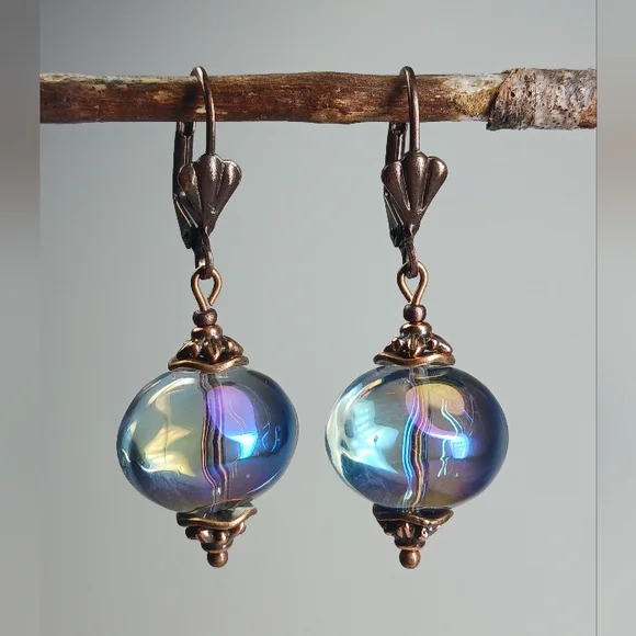 HAND CRAFTED EARRINGS Blue Aurora Borealis Glass Copper Dangle Drop - Picture 3 of 7
